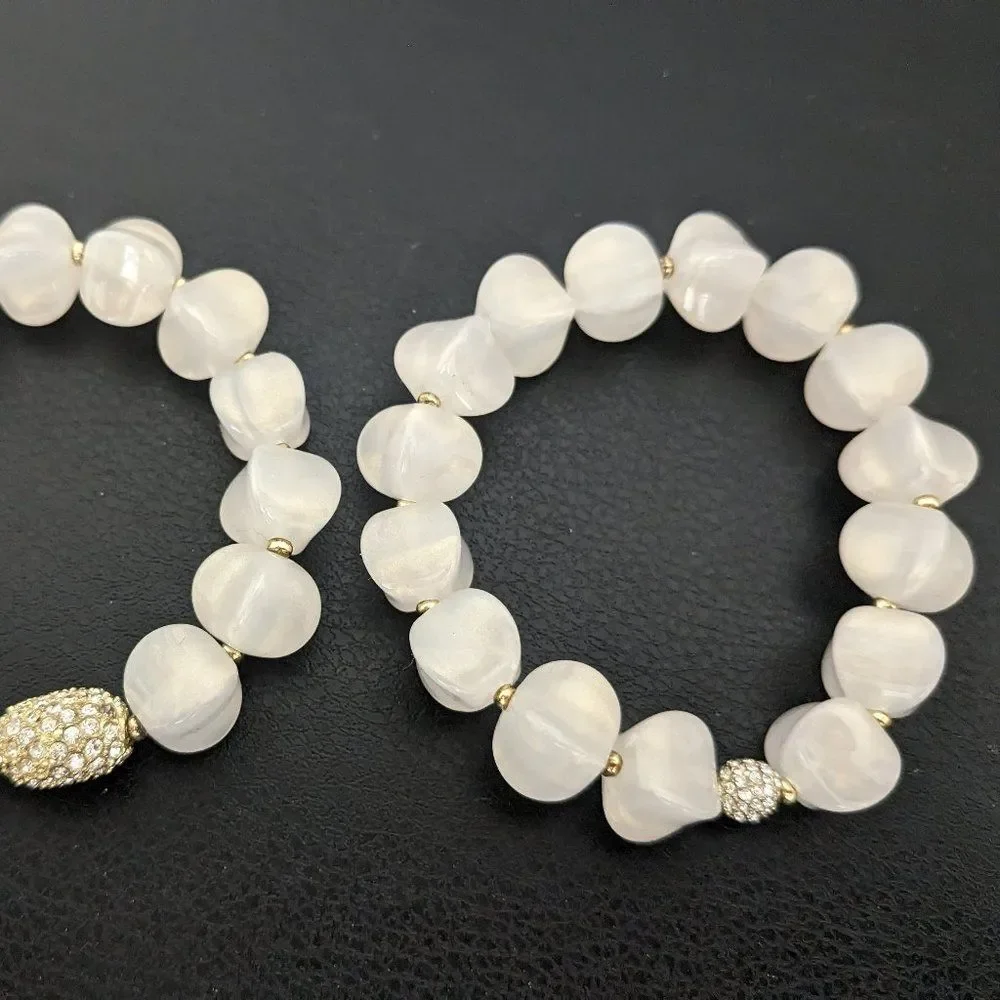 Set of 2 White Opalescent & Crystal Ball & Oval Bracelets - Elastic -